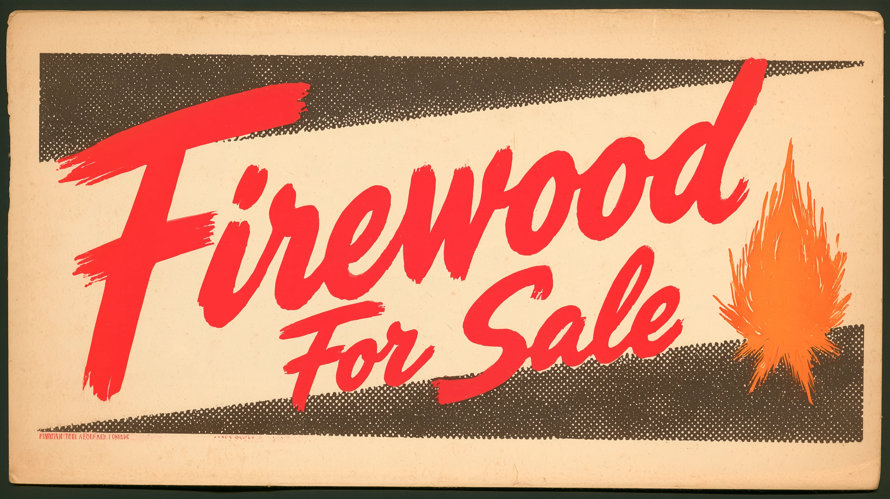 Painted roadside sign — FIREWOOD, split and stacked by the porch.