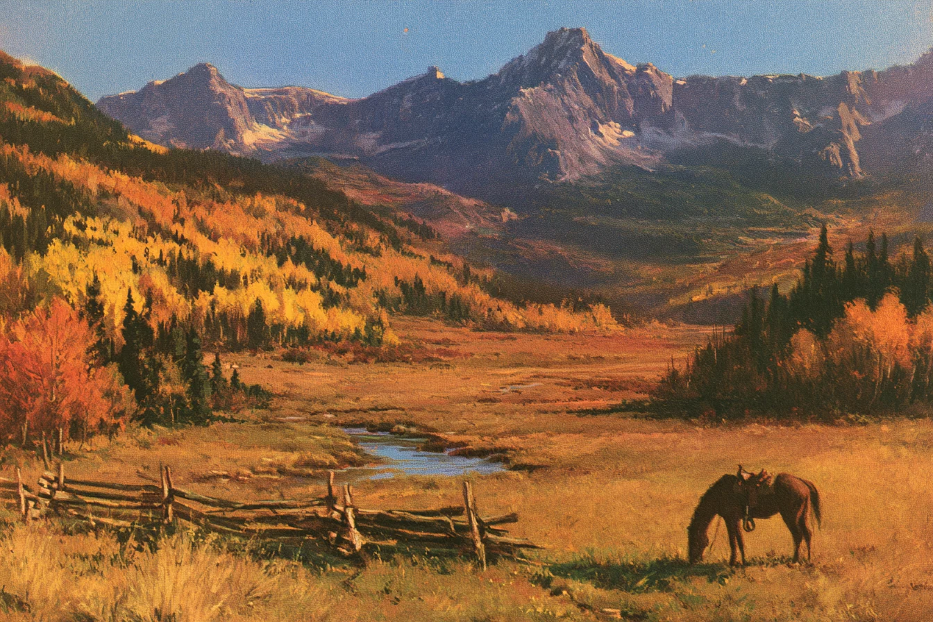 Painting of a high mountain meadow with gold and orange aspen groves on the hillsides, a split-rail fence and a grazing horse, granite peaks behind.