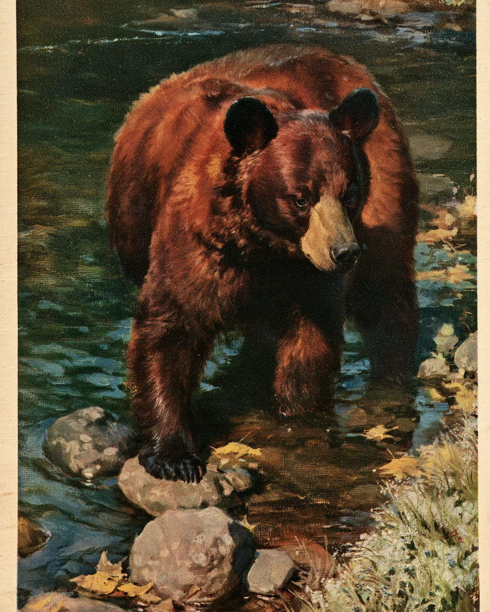 Painting of a cinnamon-colored black bear standing in shallow water at the edge of a river, turning over stones with one paw.