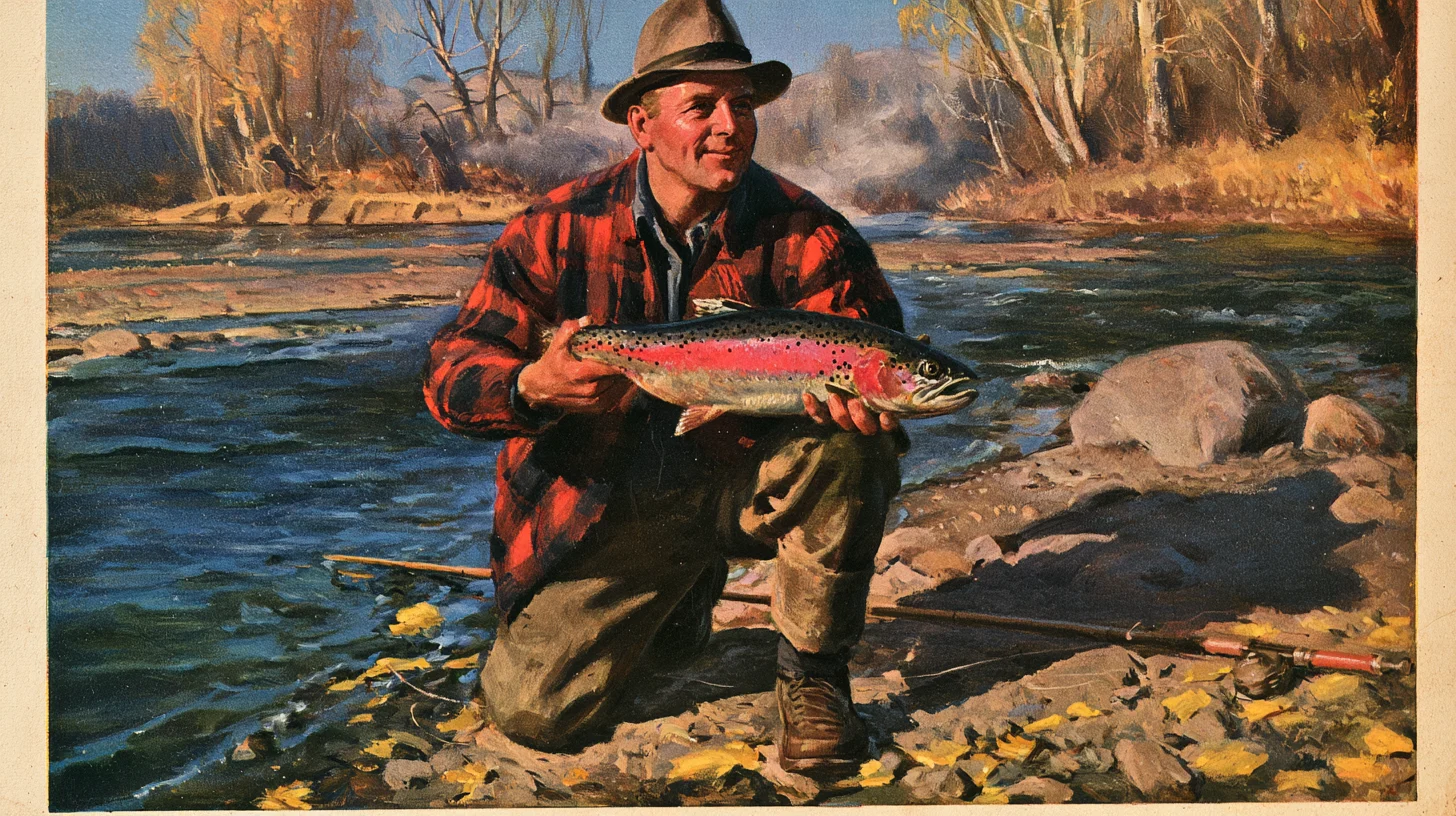 Painting of a fisherman in a red-and-black wool jacket kneeling on a gravel bar at the edge of a low, clear river, holding up a rainbow trout.