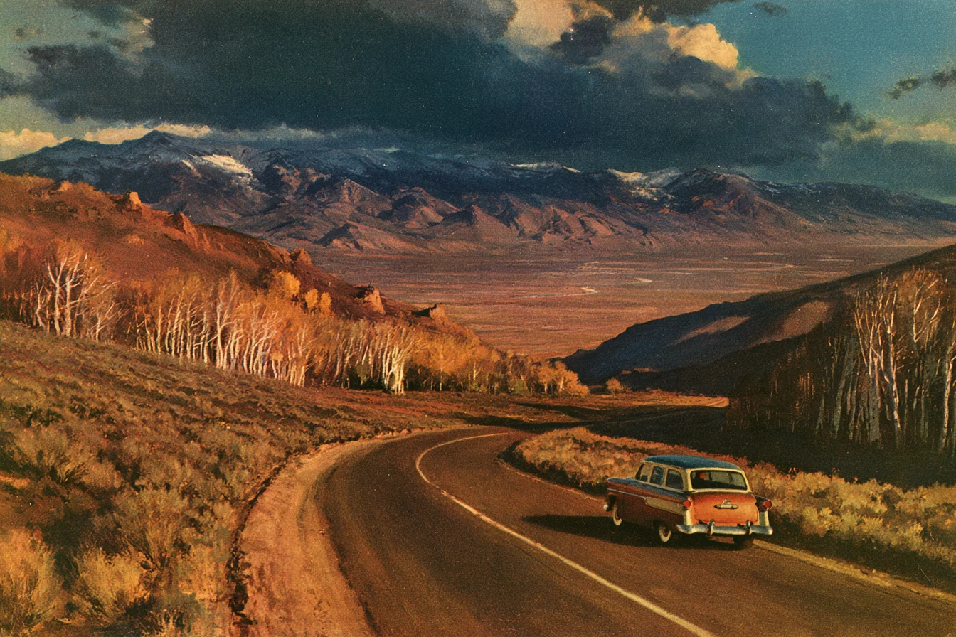 Painting of a two-tone 1950s station wagon on a winding highway over a high sagebrush pass, aspens on the slopes and a wide valley below under gathering clouds.