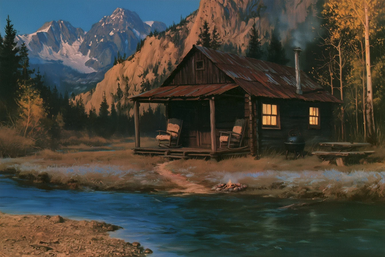 Painting of a small dark plank cabin with lit windows and woodsmoke, set back from the river across frosted grass, with a small campfire on the bank at the end of the footpath.