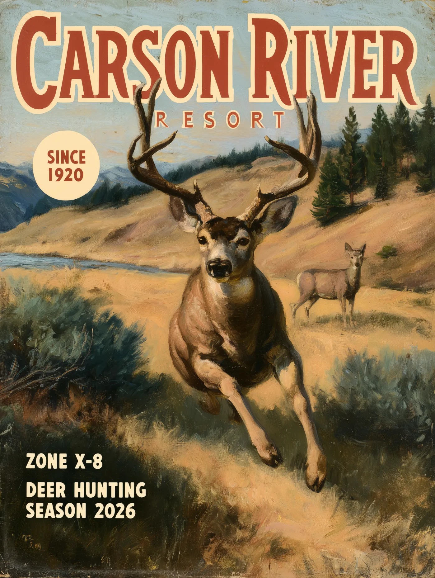 Painted cover: a mule deer buck bounding through sagebrush toward the viewer, a doe watching from the hillside, pines and the river behind