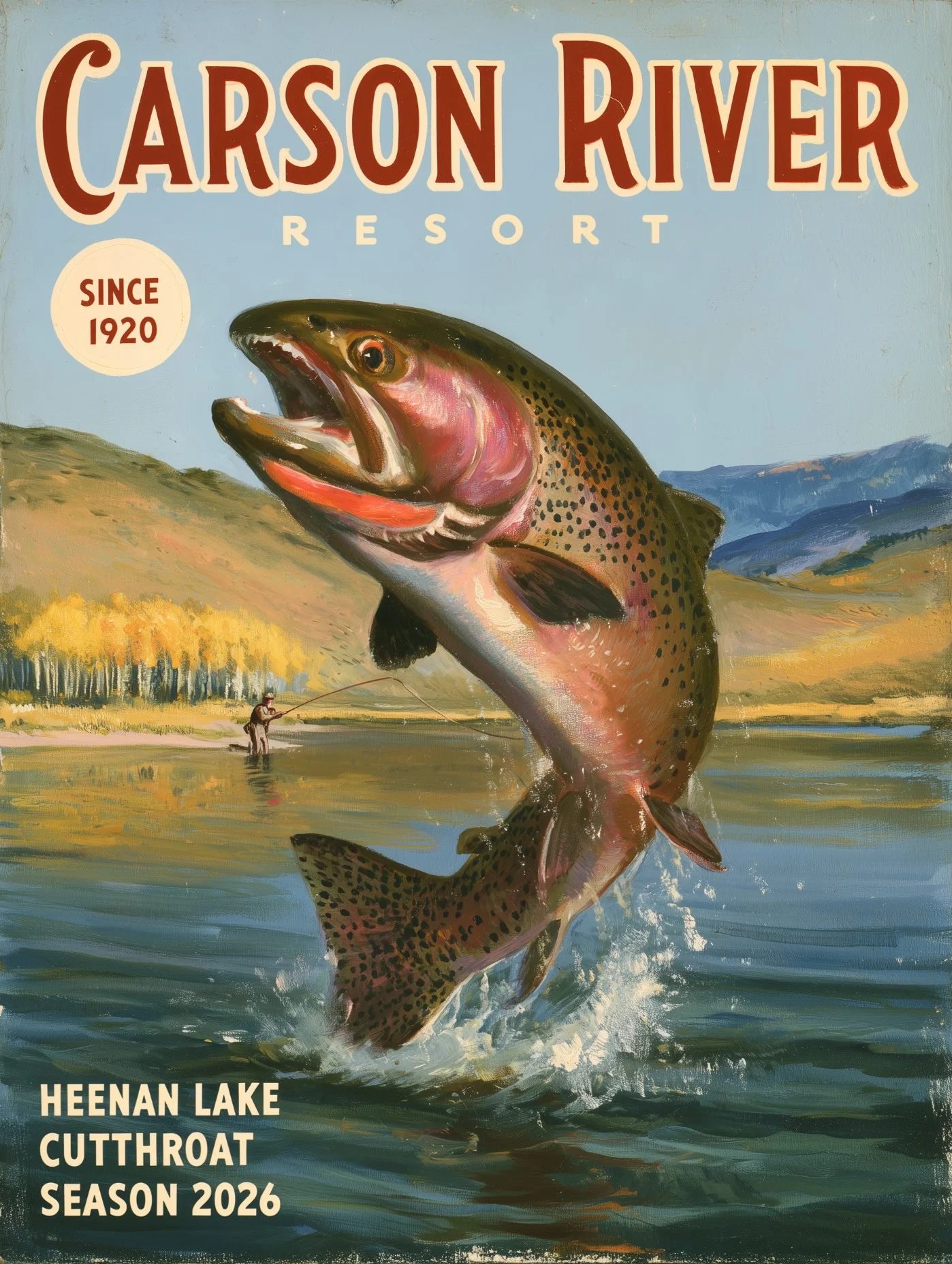 Painted cover: a Lahontan cutthroat leaping from a high-desert lake, sagebrush hills and yellow aspens behind