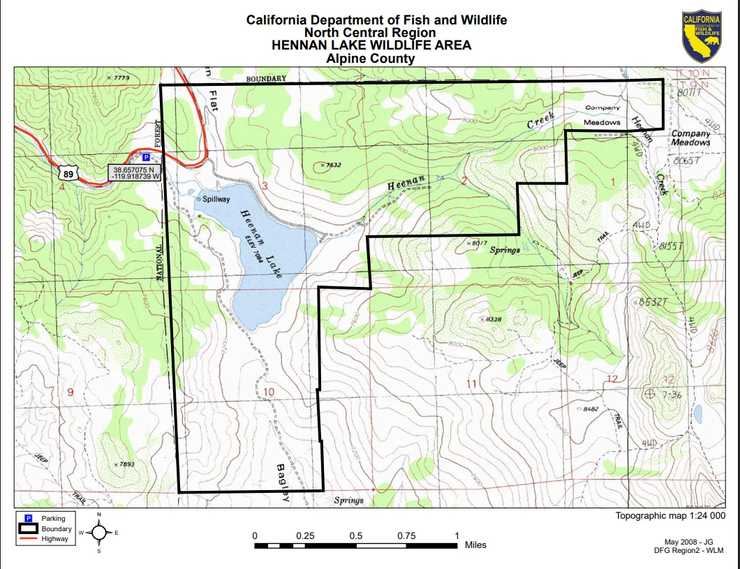 California Department of Fish and Wildlife, North Central Region — Heenan Lake Wildlife Area, Alpine County. Topographic base 1:24,000, May 2008. The heading on the sheet itself misspells the lake; it is reproduced as issued.