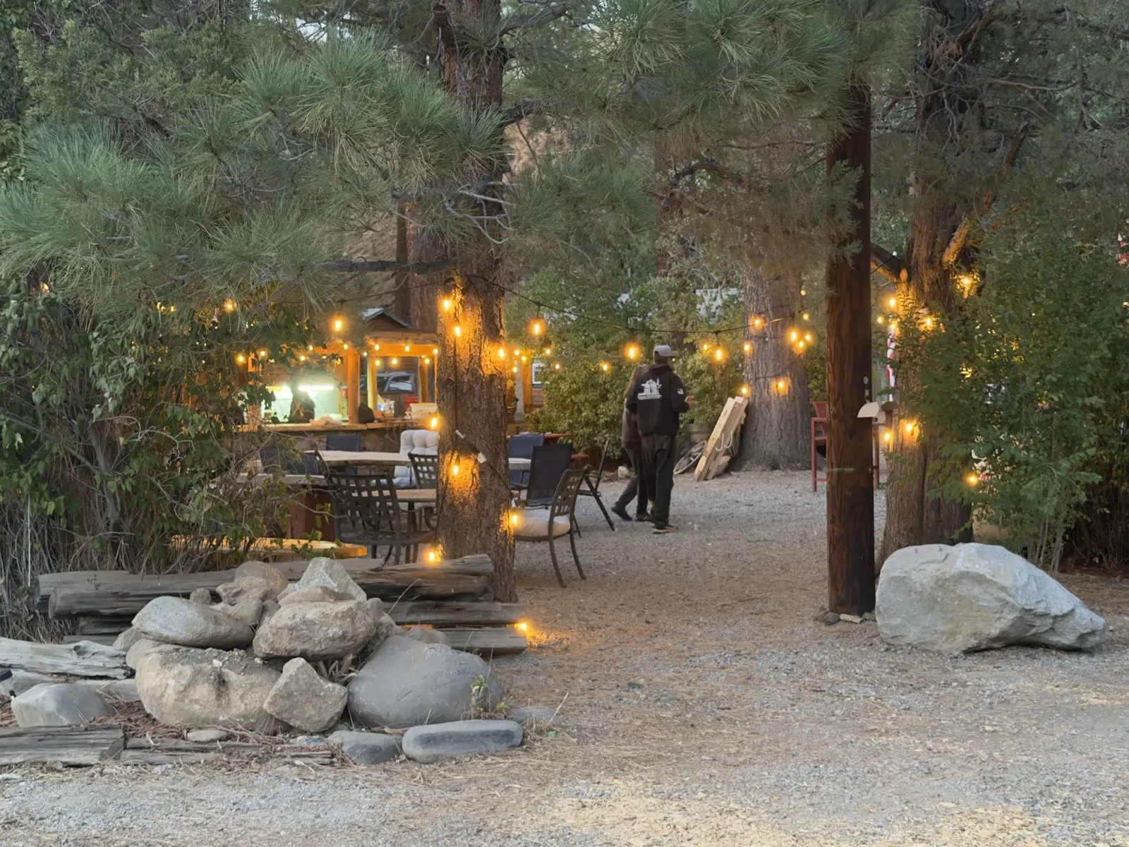 The pavilion at dusk — open under the pines, string lights tree to tree, the tables set.