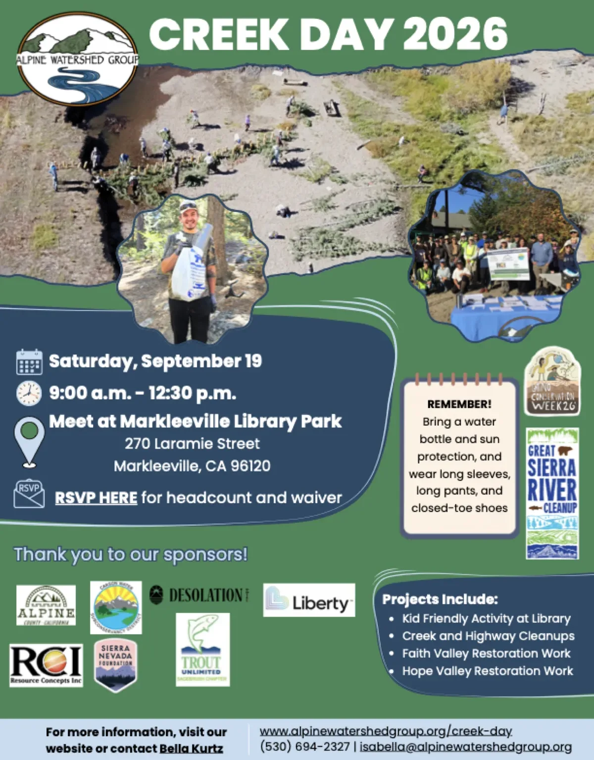 The Alpine Watershed Group's Creek Day 2026 flyer — Saturday, September 19, check-in 9 a.m. at Markleeville Library Park.