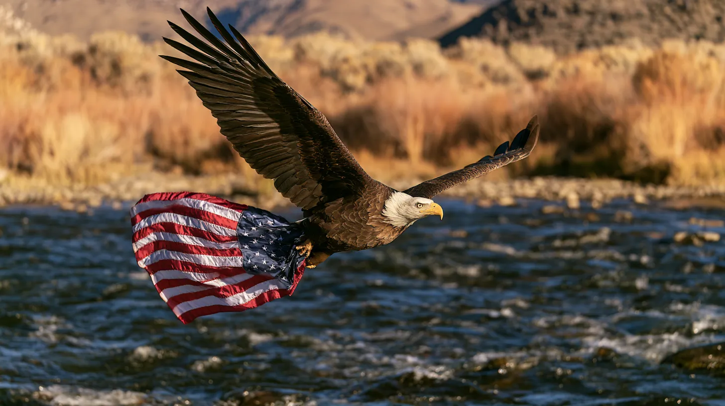 A bald eagle carrying the colors low over the East Fork