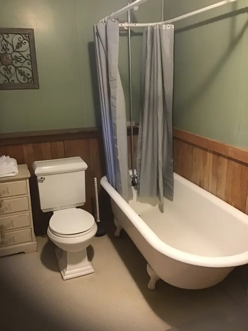 The bathroom — A clawfoot tub with its curtain drawn back, the toilet and a small chest of drawers beside it.