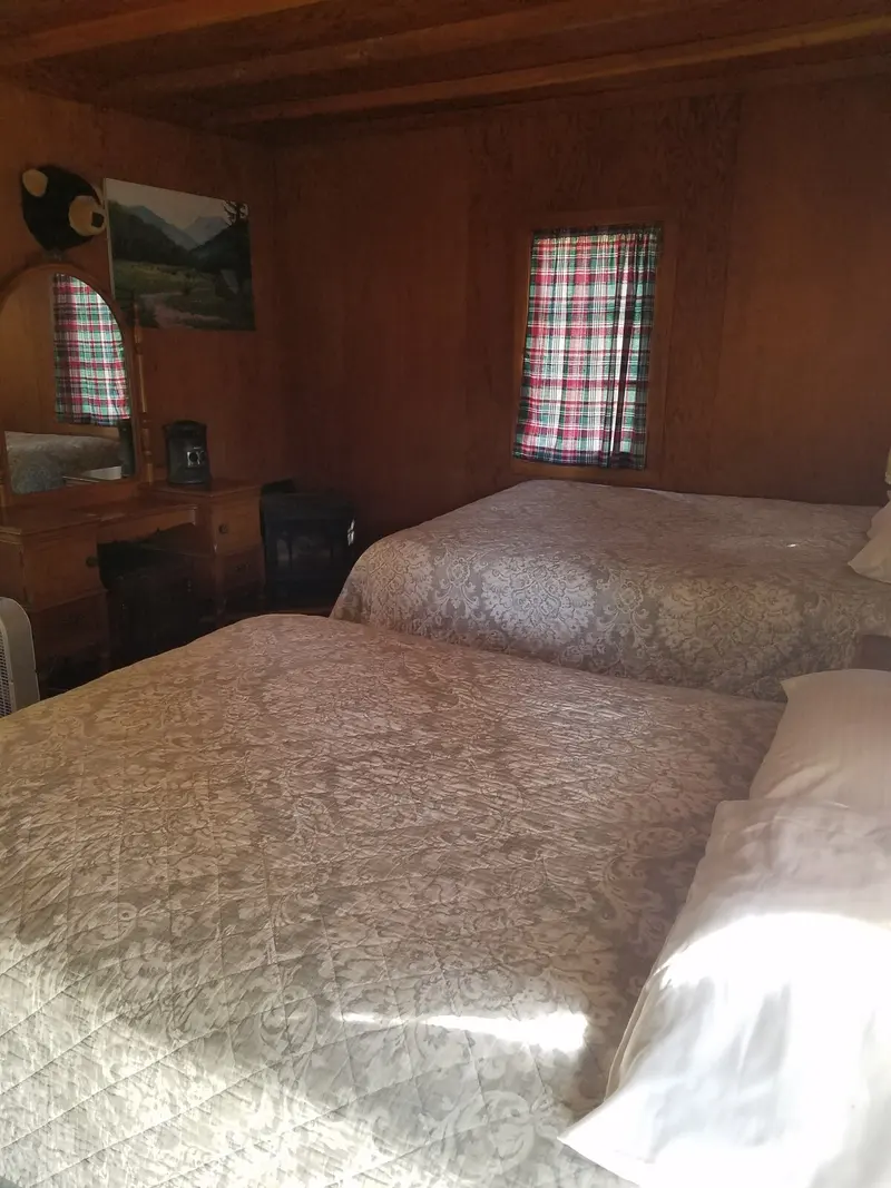 The bedroom — Two beds and a dresser in the pine-panelled room, plaid curtains, a framed bear print on the wall.