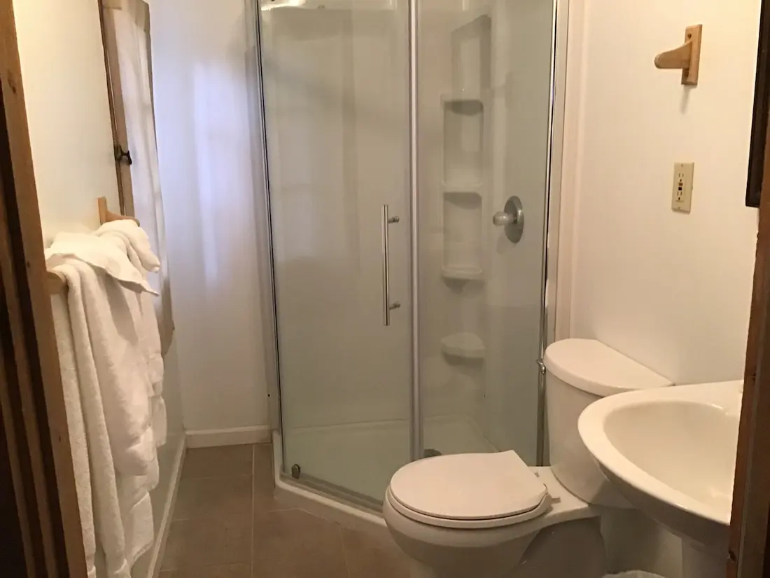 The bathroom — glass-doored shower, sink and toilet, towels on the rail.