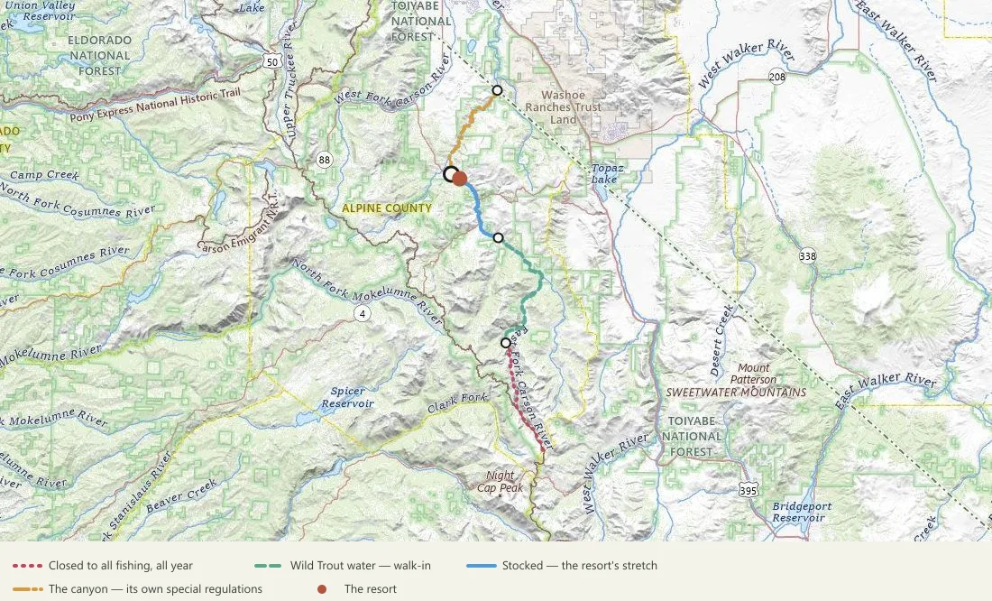 Topographic map of the East Fork Carson River with its four fishing reaches drawn in colour — the closed headwaters, the Wild Trout walk-in water, the resort's stocked stretch, and the canyon below Hangman's Bridge — and the resort marked.