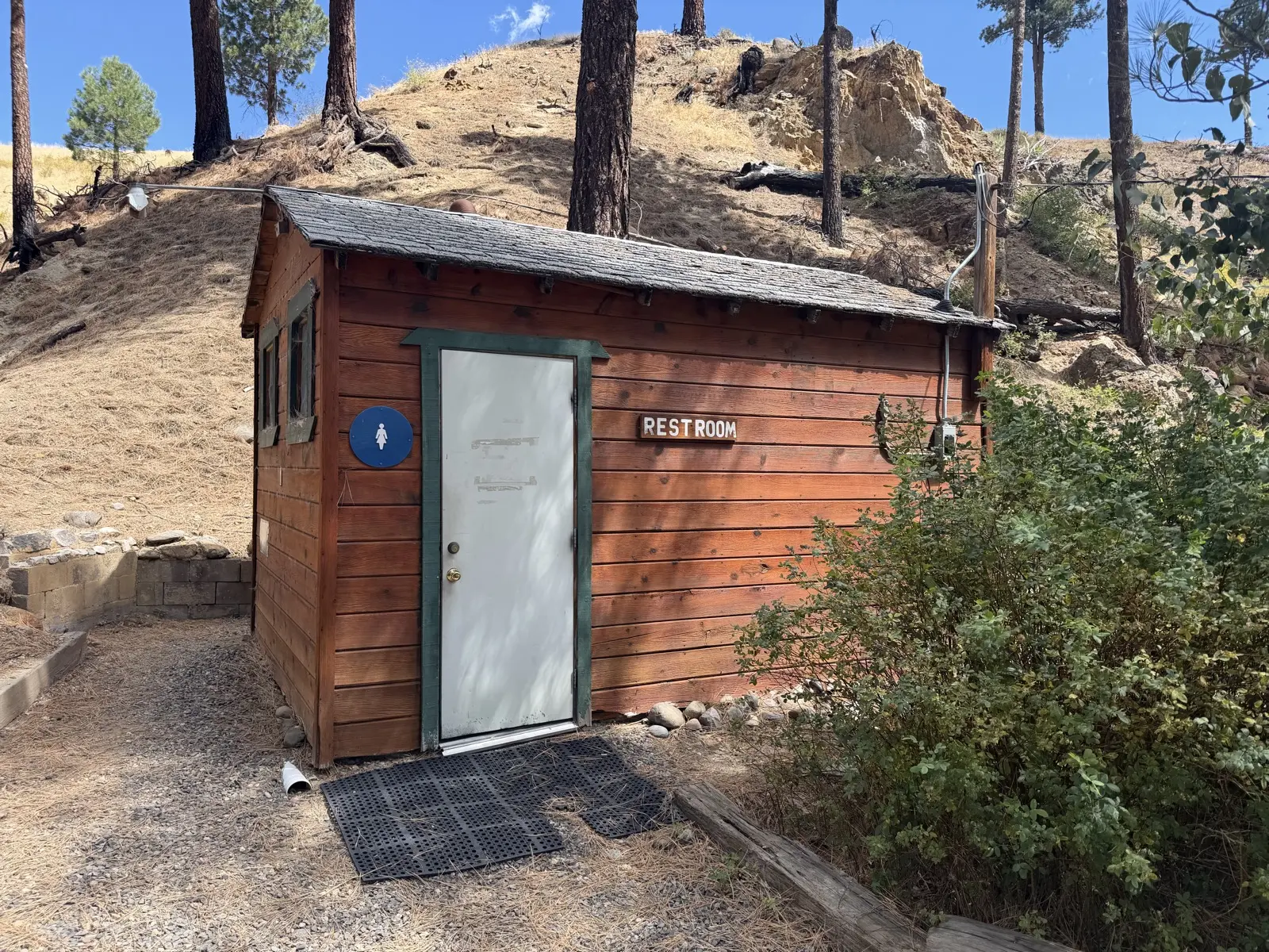 The restrooms — free, no key —.