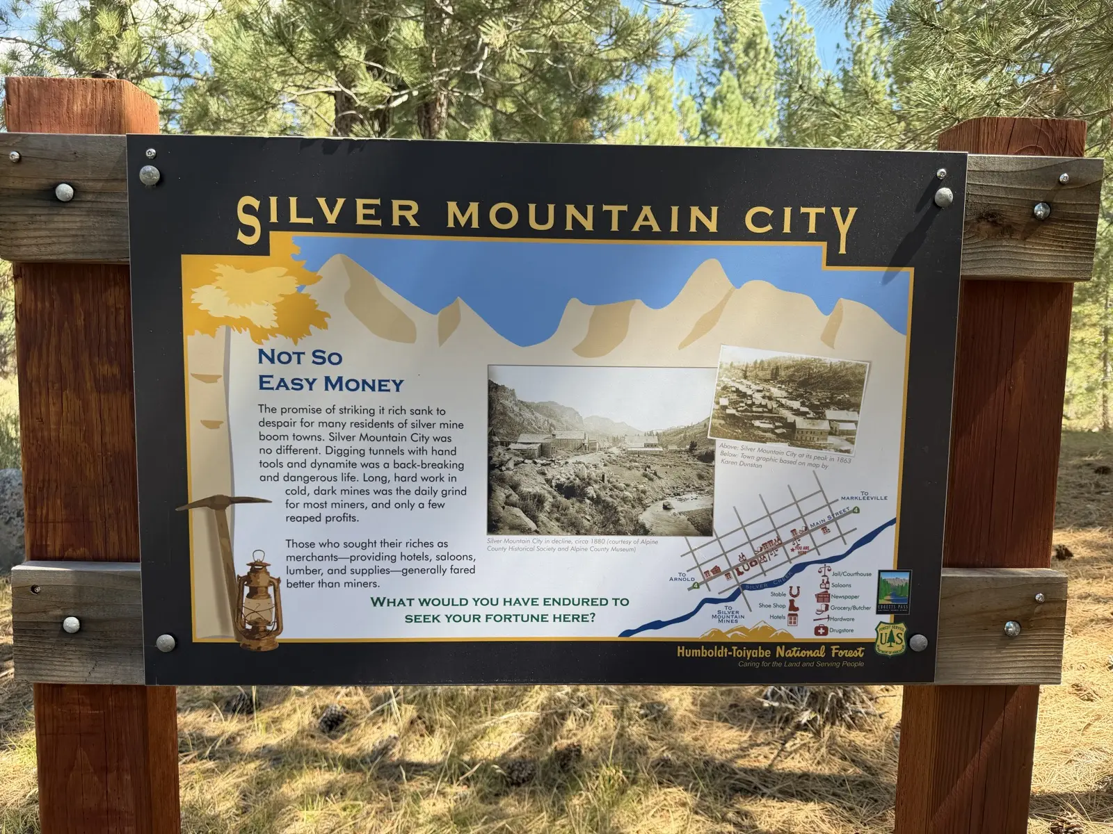 The Forest Service's Silver Mountain City sign on Highway 4 —.
