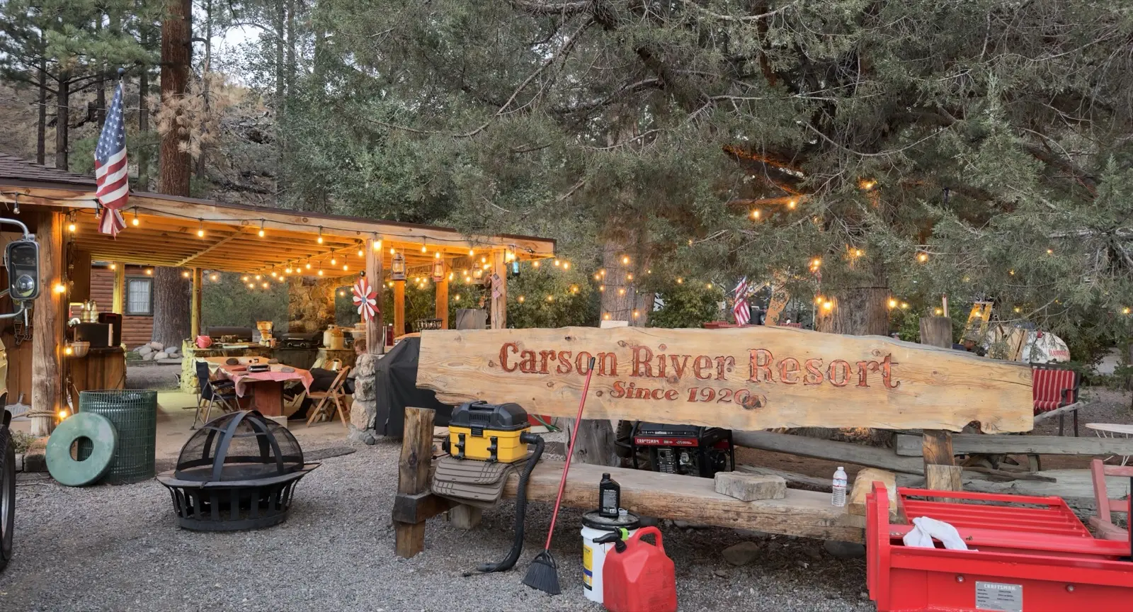 The carved slab by the pavilion: Carson River Resort, Since 1920 —.