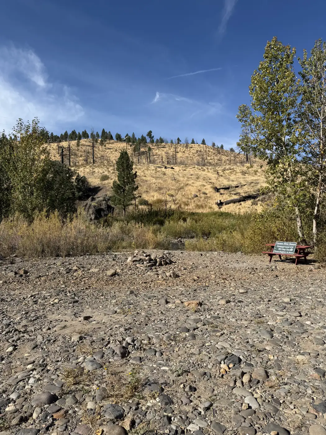 Site 10's gravel bar and its table under the cottonwoods, the hills behind — the owner's photograph, September 2026.