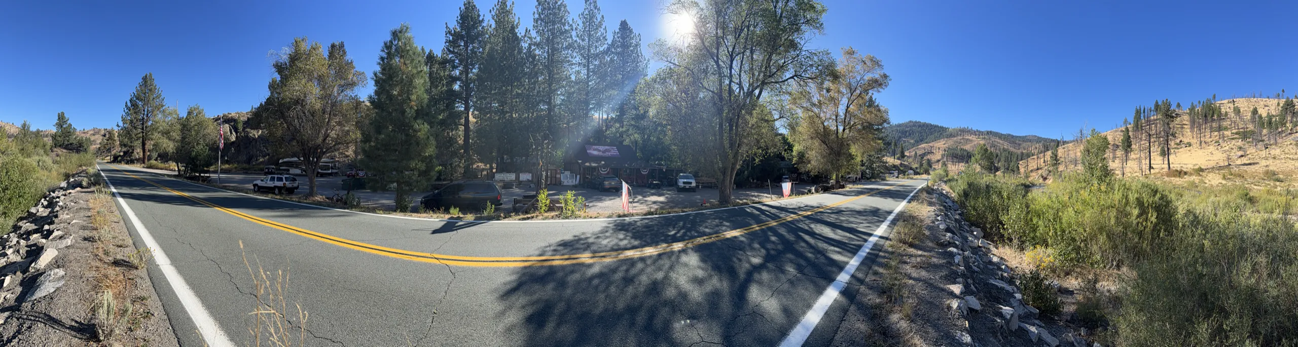 Highway 89 at the resort's driveway — south of here the road splits for the passes.