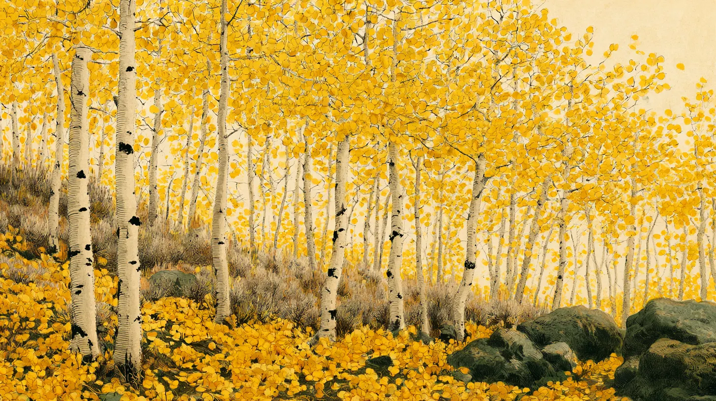 Illustrative plate of a grove of quaking aspens in full autumn gold, pale knotted trunks above drifts of fallen leaves and dark boulders.