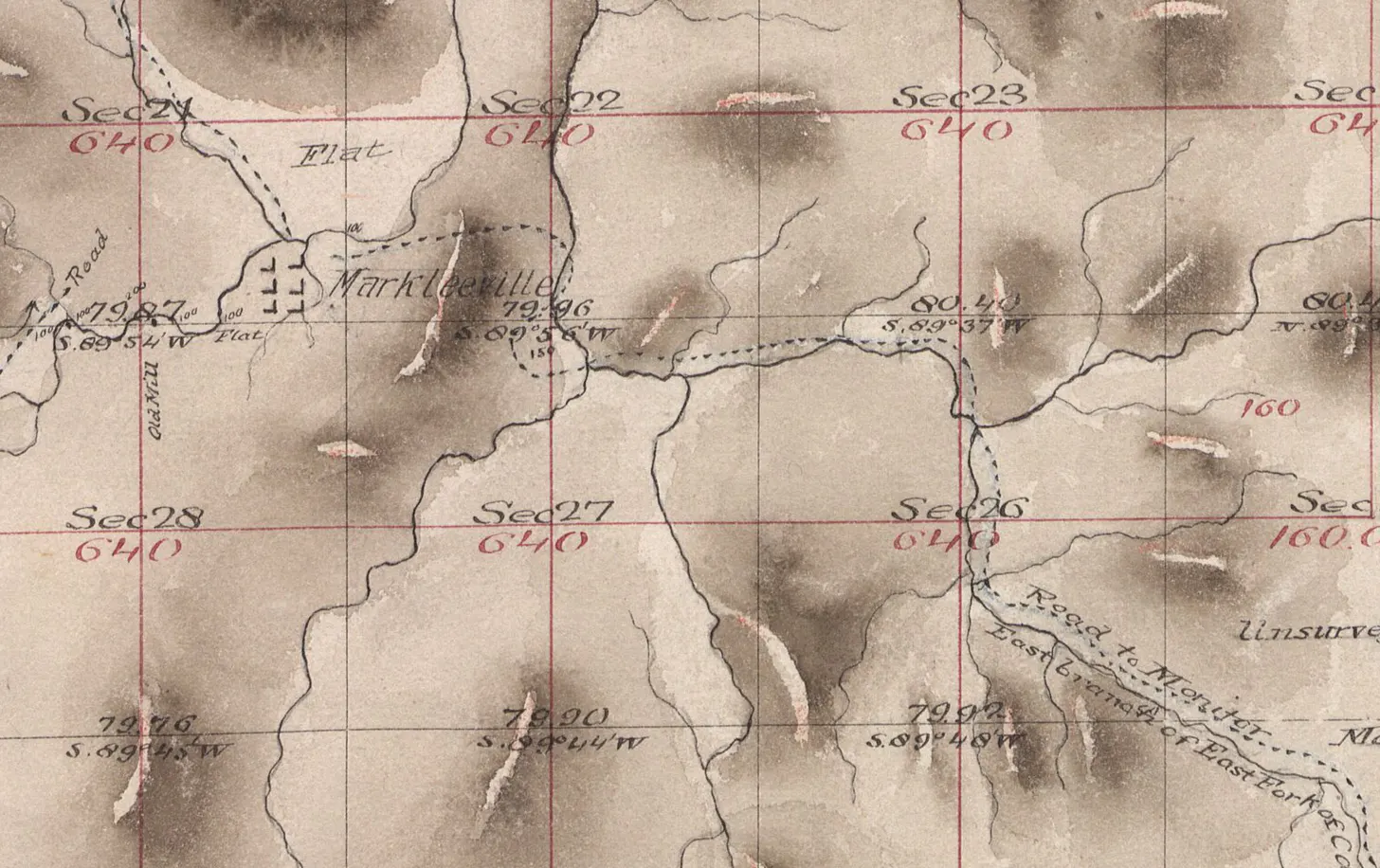 An 1877 U.S. General Land Office survey plat showing Markleeville, the East Fork of the Carson River, and Section 26.