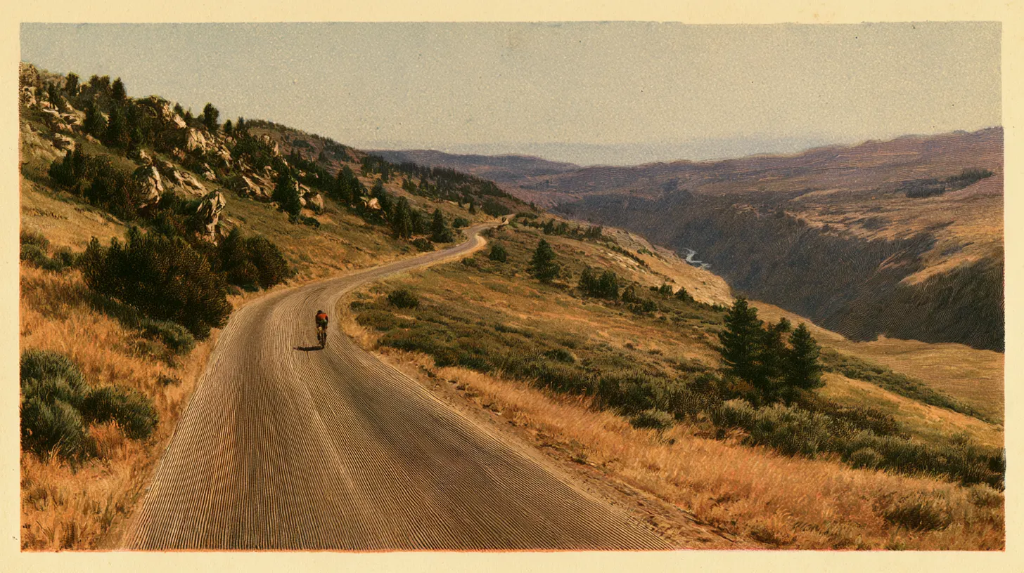 Illustration of a single distant cyclist climbing a curving mountain highway across open sagebrush slopes, a river canyon dropping away beside the road.