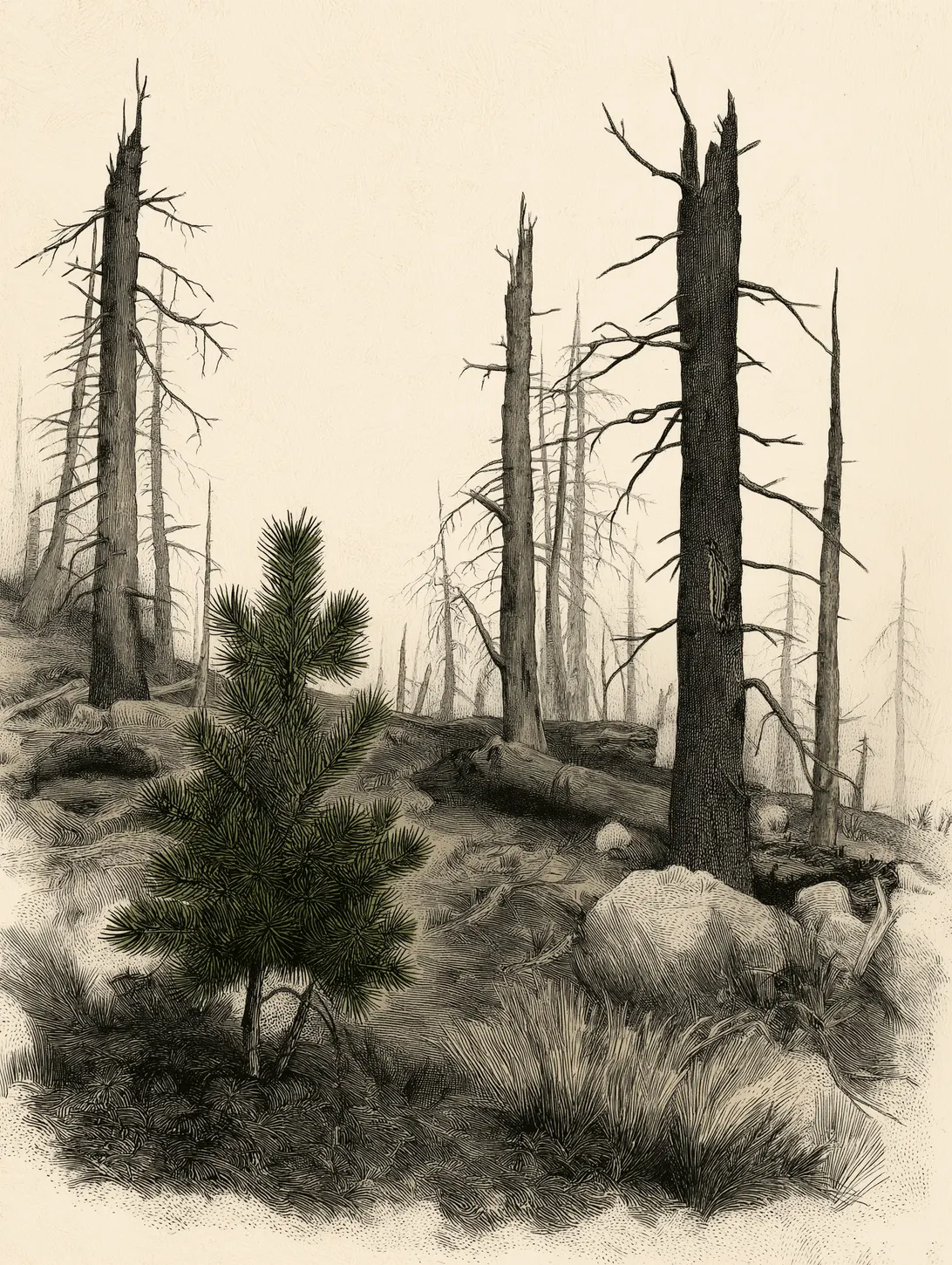 Illustrative engraved plate of a small green pine seedling growing among charred leafless snags and granite boulders after a forest fire.