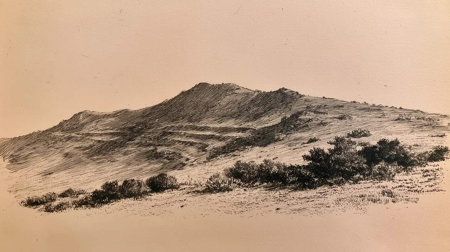 Illustrative ink study of a dry sagebrush hillside marked with faint horizontal ancient shoreline terraces, the sketch trailing off into bare paper.