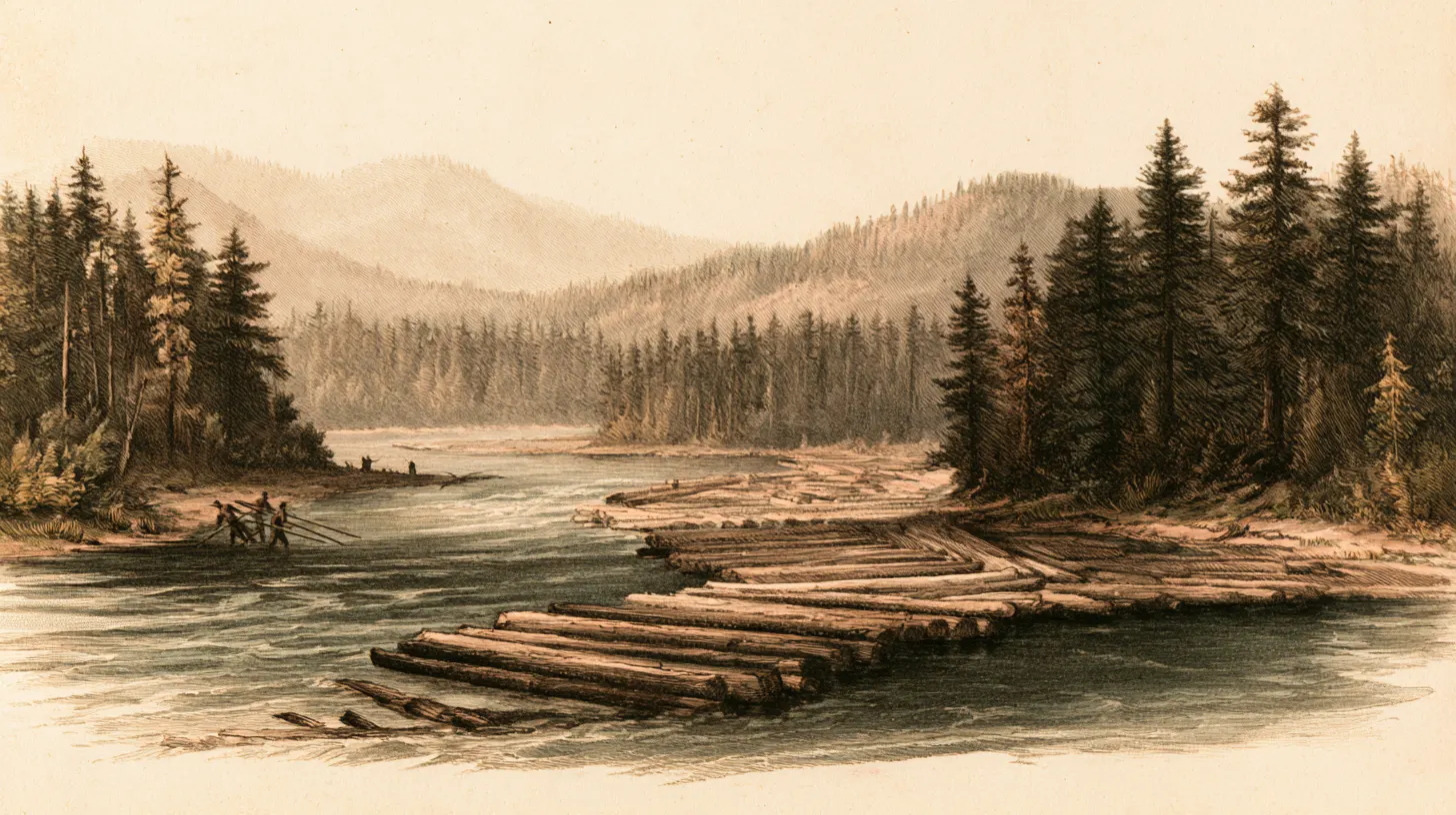 Illustrative engraved plate of a log drive winding down a river between pines, distant figures poling at the edges.