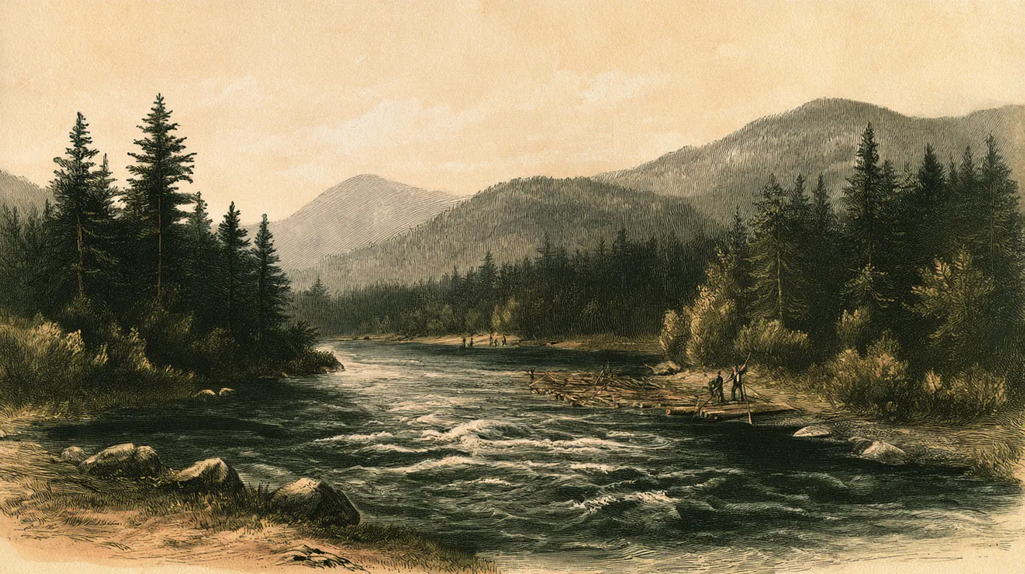 Illustrative engraved plate of a river-drive crew working logs at a boom, rendered in inks and parchment.