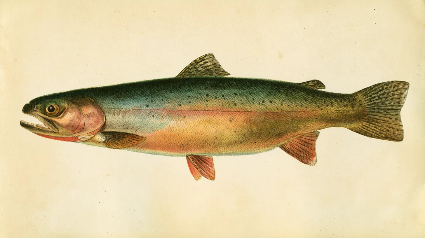 Illustrative engraved specimen plate of a Lahontan cutthroat trout with a crimson slash under the jaw, facing left on aged parchment.