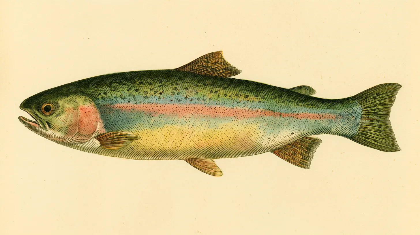 Illustrative engraved specimen plate of a rainbow trout with a pink lateral band and rose gill plate, facing left on aged parchment.