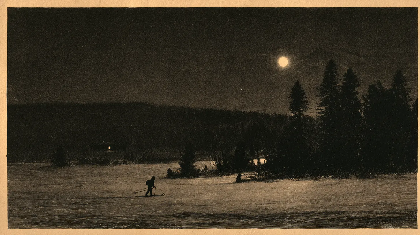 Illustrative engraved plate of a distant lone skier crossing moonlit snow beneath pines.