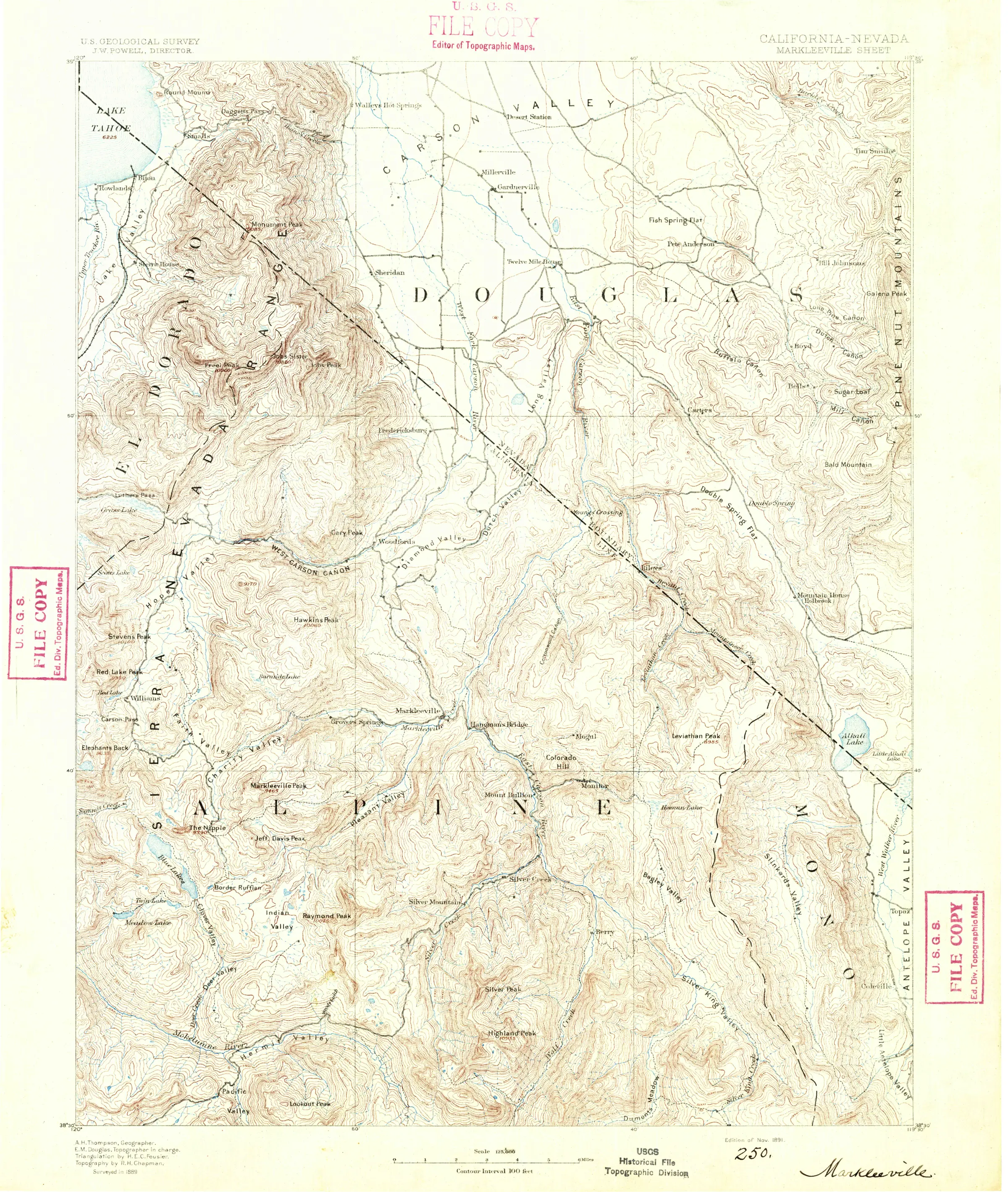 An 1891 printing of the 1889 U.S. Geological Survey topographic sheet for Markleeville, California–Nevada: contour lines at 100-foot intervals, the East Fork of the Carson River, and named settlements across Alpine and Douglas counties.