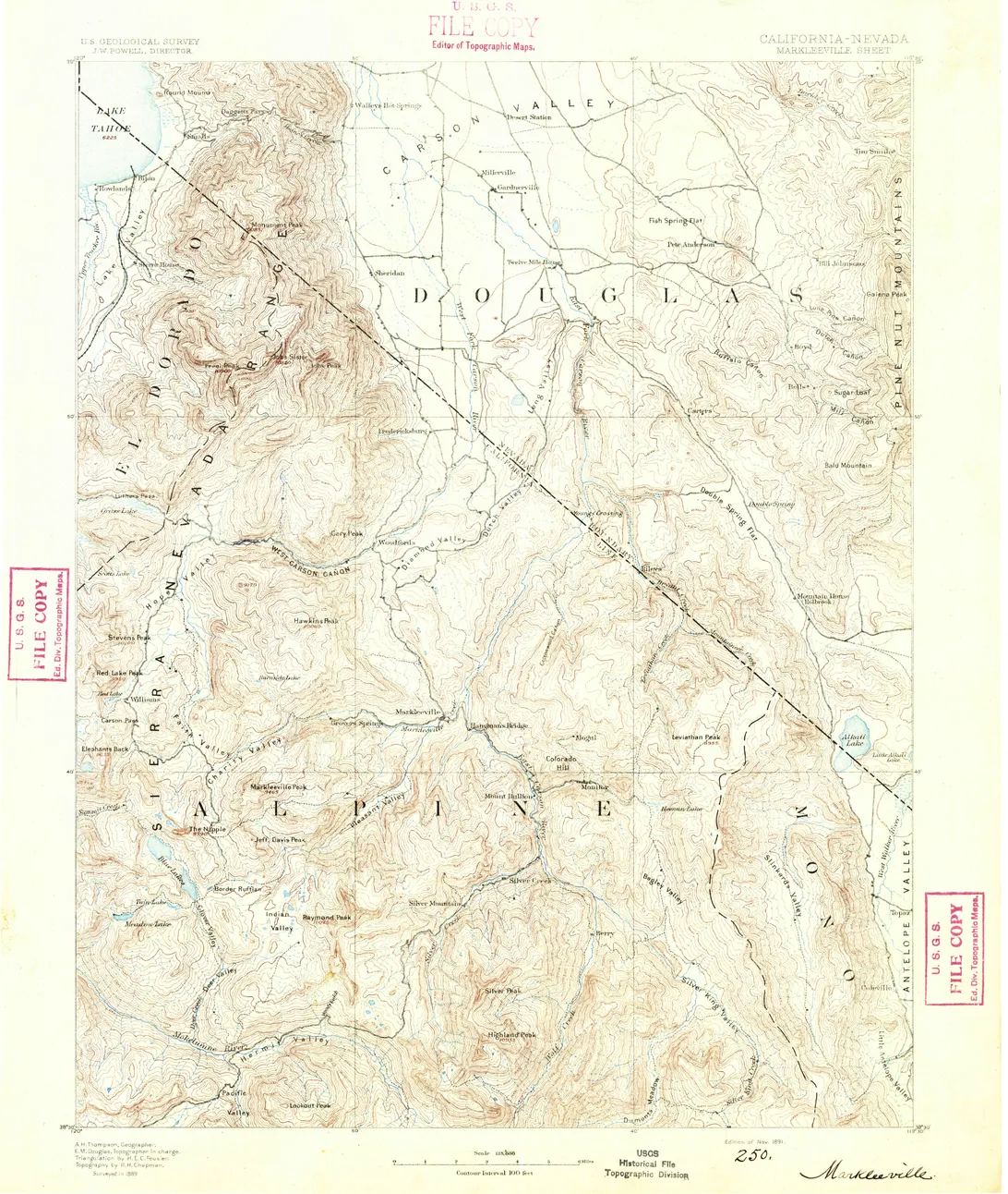 An 1891 printing of the 1889 U.S. Geological Survey topographic sheet for Markleeville, California–Nevada: contour lines at 100-foot intervals, the East Fork of the Carson River, and named settlements across Alpine and Douglas counties.